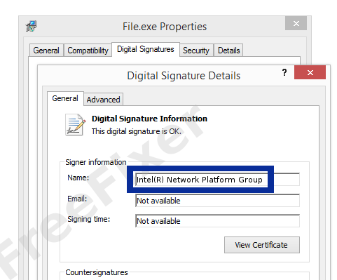 Screenshot of the Intel(R) Network Platform Group certificate
